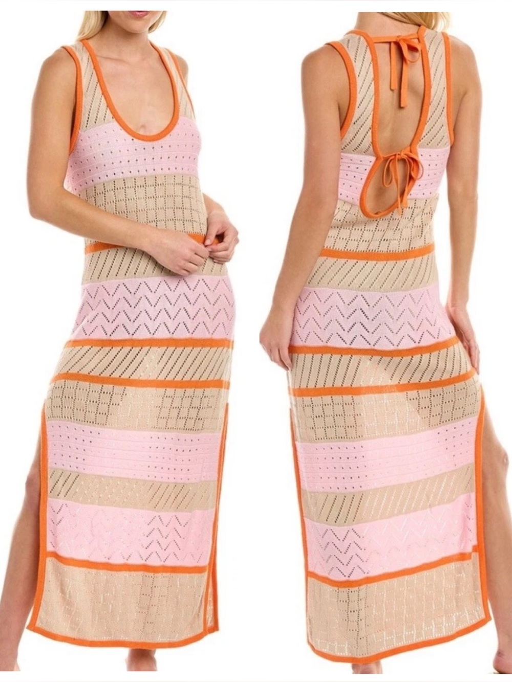 Ramy Brook Rachi Crochet Knit Peruvian Cotton Maxi Dress in Pink Tan Orange